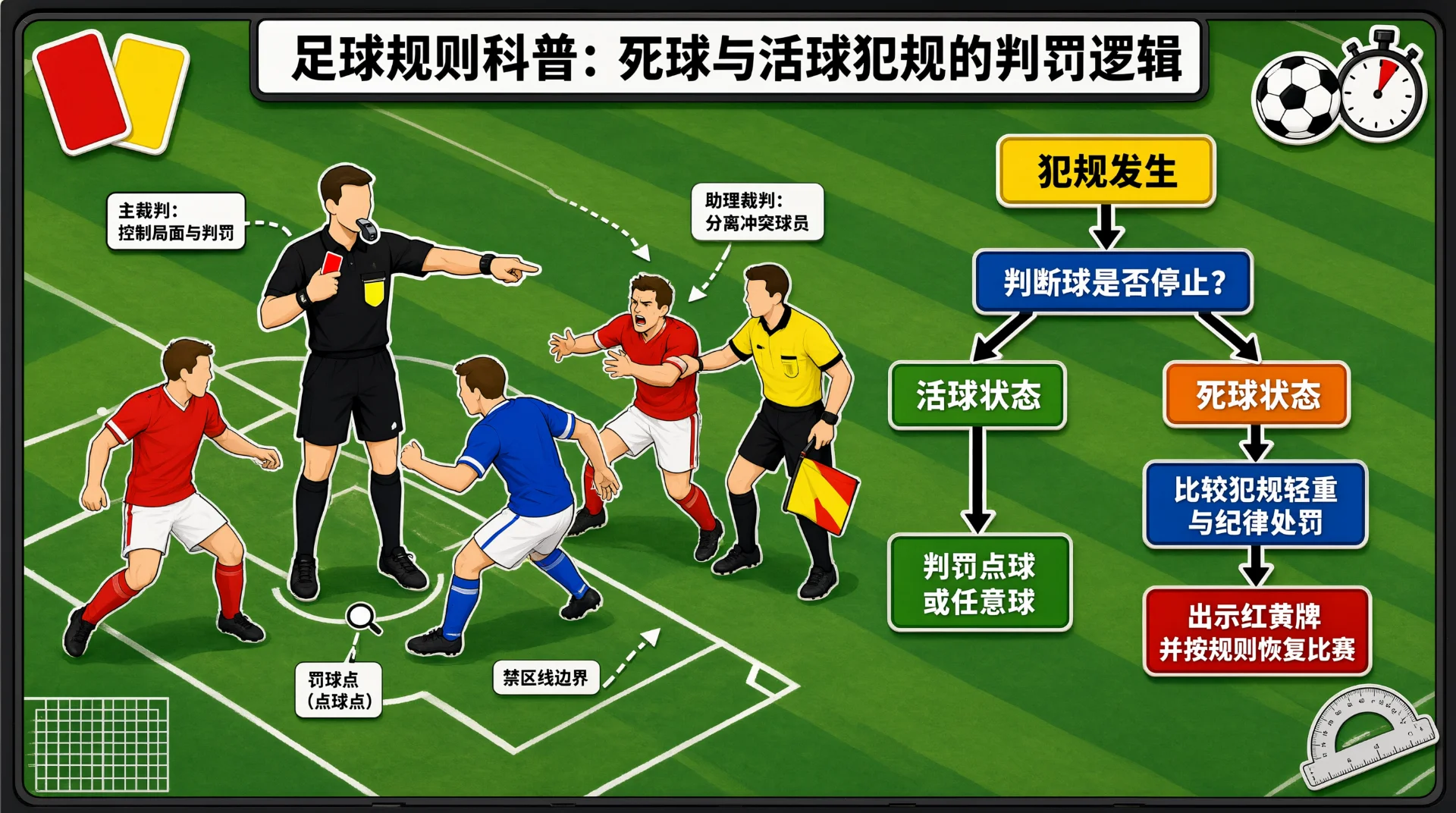科普插画：绿茵场上黑衣裁判持红黄牌指向场内，助理裁判分开争执球员；流程图示犯规后先判断球是否停止，活球判点球或任意球，死球比较轻重并出示红黄牌恢复比赛。