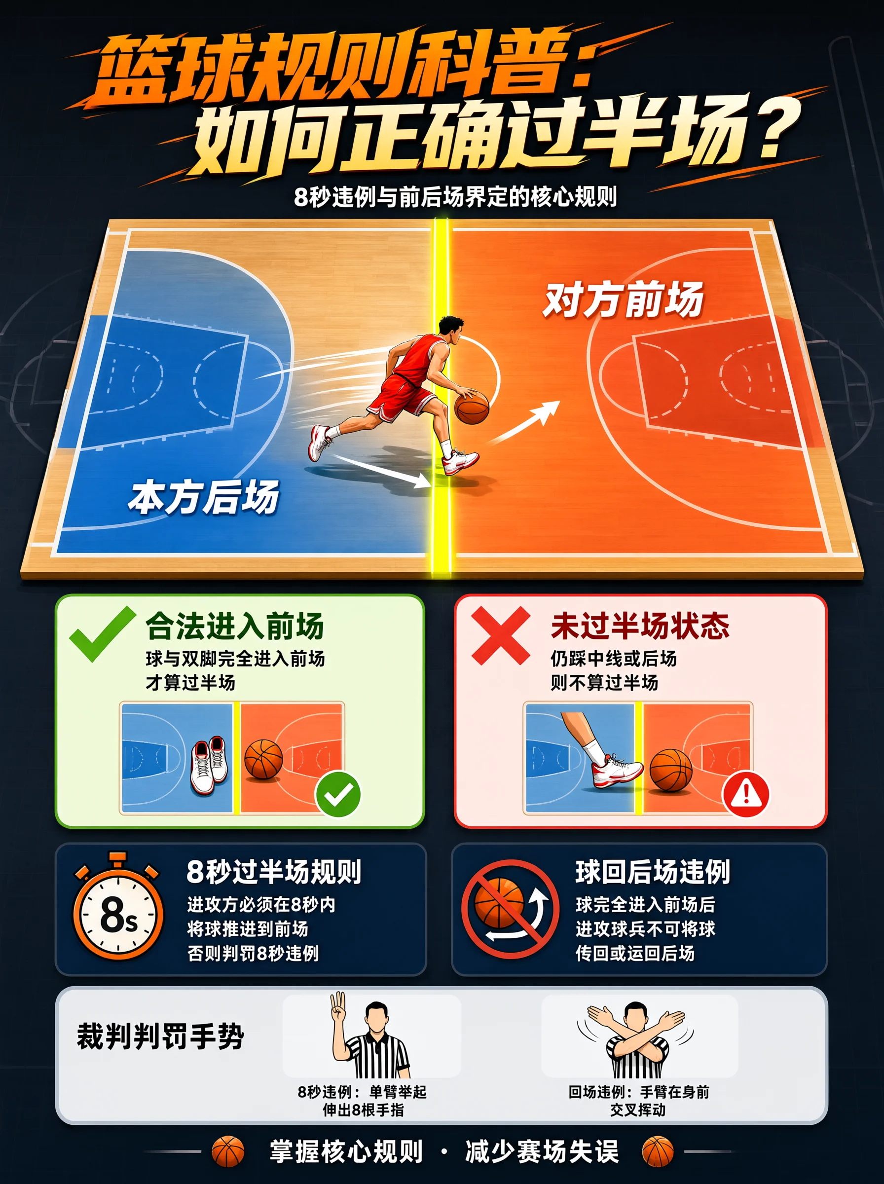 俯视篮球场信息图，高亮中线分隔蓝色后场与橙色前场，红衣球员运球跨线；下方勾叉对照说明球与双脚完全进入前场才算过半场，并示8秒、回场违例及裁判手势。