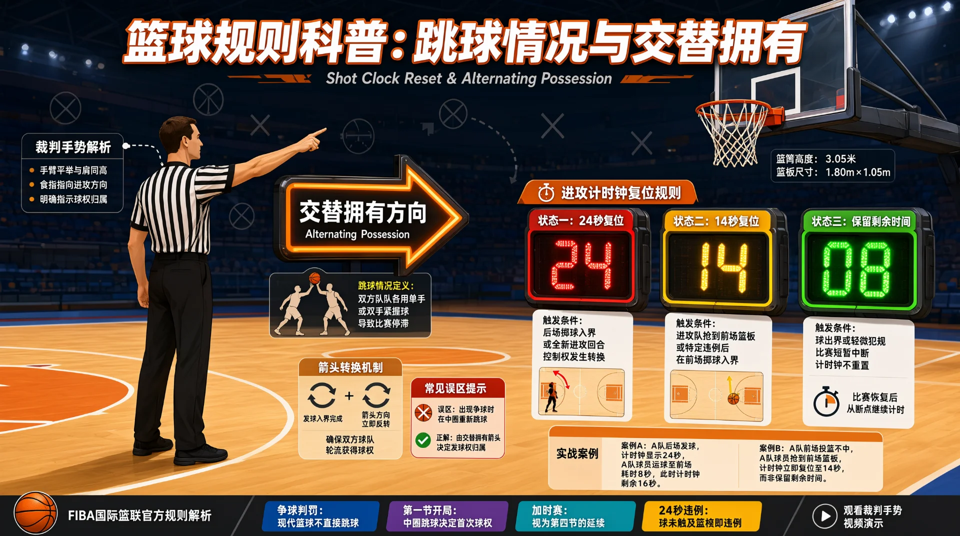 篮球规则信息图：条纹裁判服的人伸手指向"交替拥有方向"箭头；右侧计时屏显示24、14、08，对应进攻时钟复位规则；背景为篮球场与篮筐，附跳球与复位说明框。