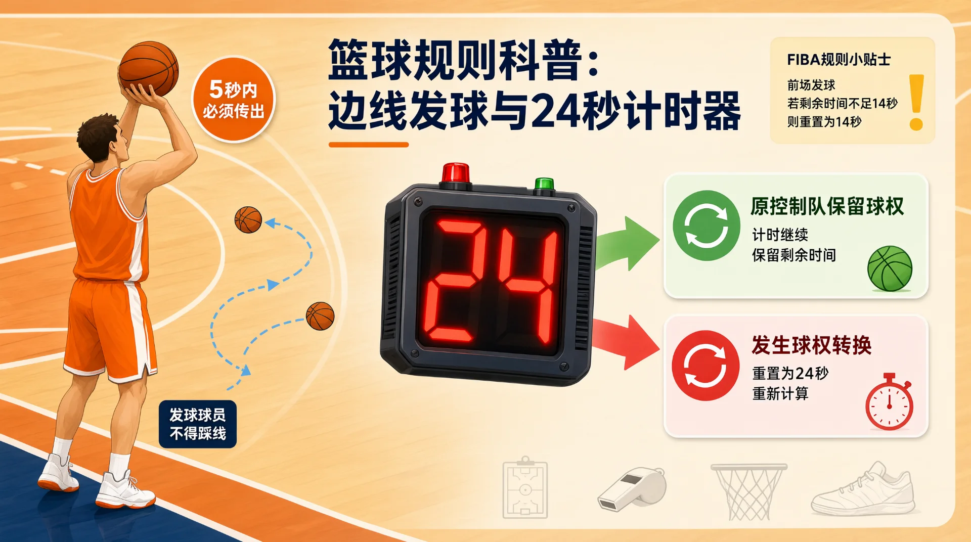 插画：橙衣球员在边线举球准备发球，旁注5秒内必须传出、发球不得踩线；中央计时器显示24，绿箭头指向原控制队保留球权、计时继续，红箭头指向球权转换、重置为24秒。