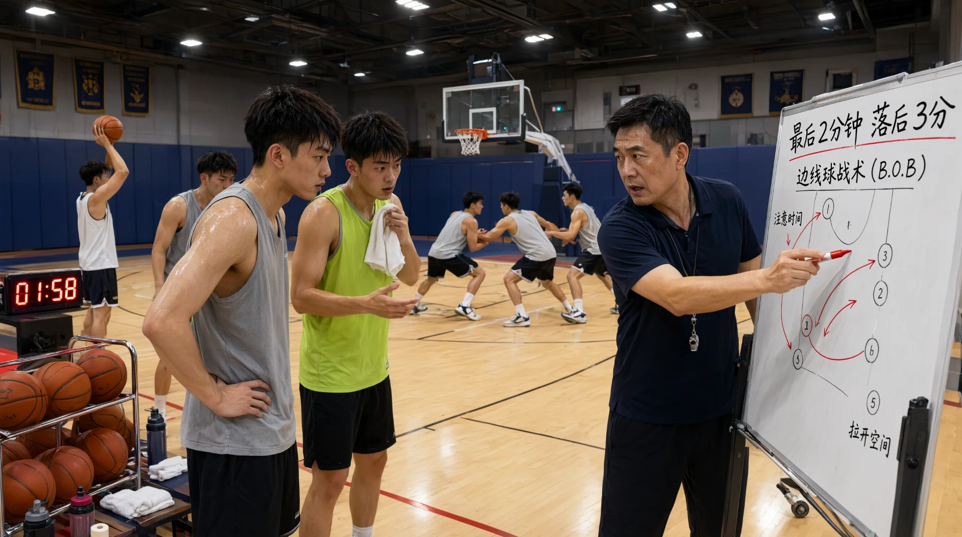 篮球馆内，黑衣教练持红笔指向写有“最后2分钟 落后3分”“边线球战术”的白板，两名球员旁听；背景多名球员分组演练，场边计时牌显示0:58，球架上放着篮球。